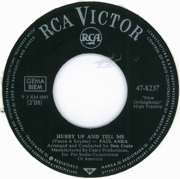 paul anka - hurry up and tell me (zonder origineel hoesje)