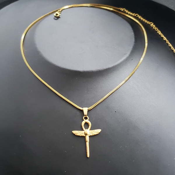 Halskette-Gold mit Libelle Ankh-Kreuz Anhänger