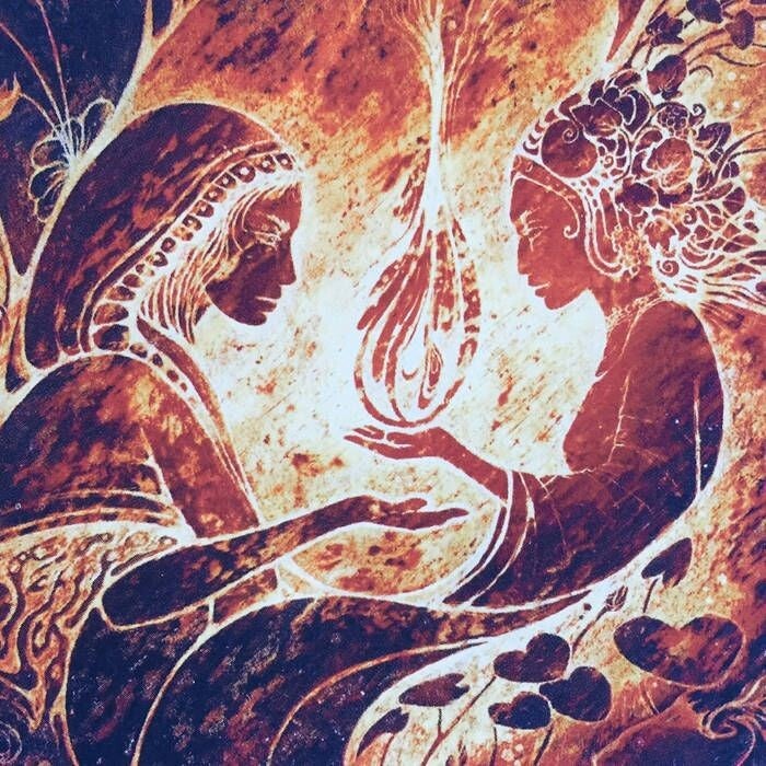 Rappresentazione simbolica di Donna Dono e Mistero:una donna mostra all'altra la fiamma vitale che nasce e viene nutrita dalle pratiche di integrazione tra Anima Istintuale, il Cuore e la Coscienza del Grembo 