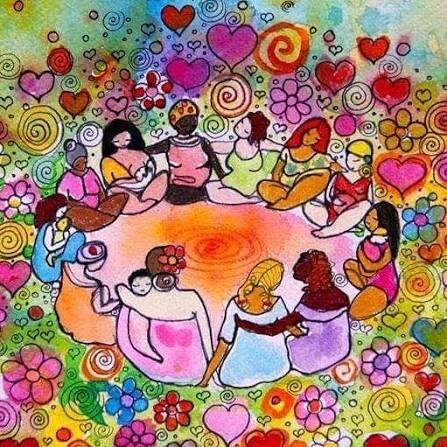 donne in cerchio amorevoli le une con le altre, serene, unite, in pace, connesse alla  madre terra e alla propria naturalezza.