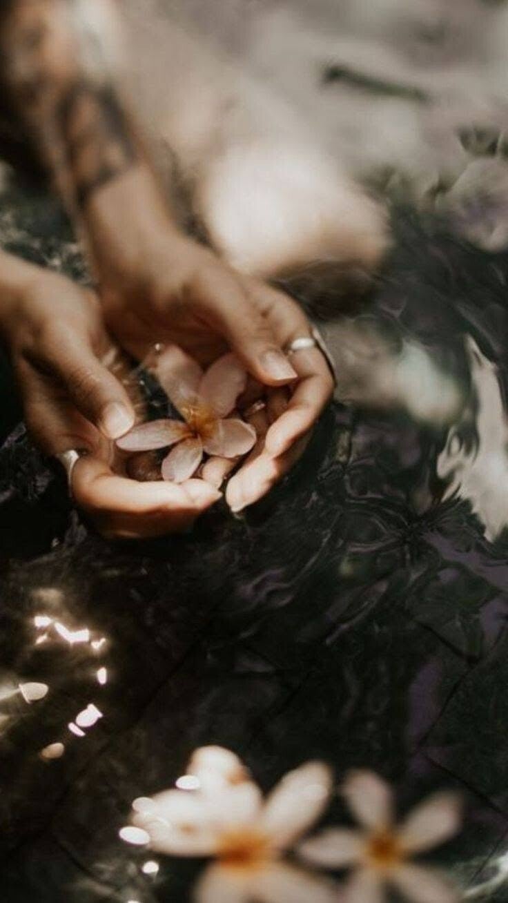 Mani che accolgono un fiore trasportato dall'acqua, a significare accoglienza per la preziosa essenza e della naturalezza delle persone e di ascolto dei messaggi del corpo. corpo.