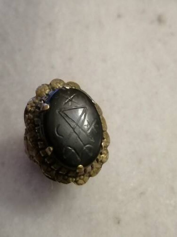 Antique Rare ,Bronze Occult Devil's Sign Ring With Black Onyx Stone