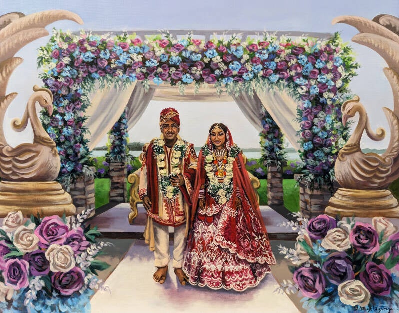 new york nyc luxury traditional indian hindu religious mandap ceremony florals lux portrait bride groom live wedding painting 22x28.jpg