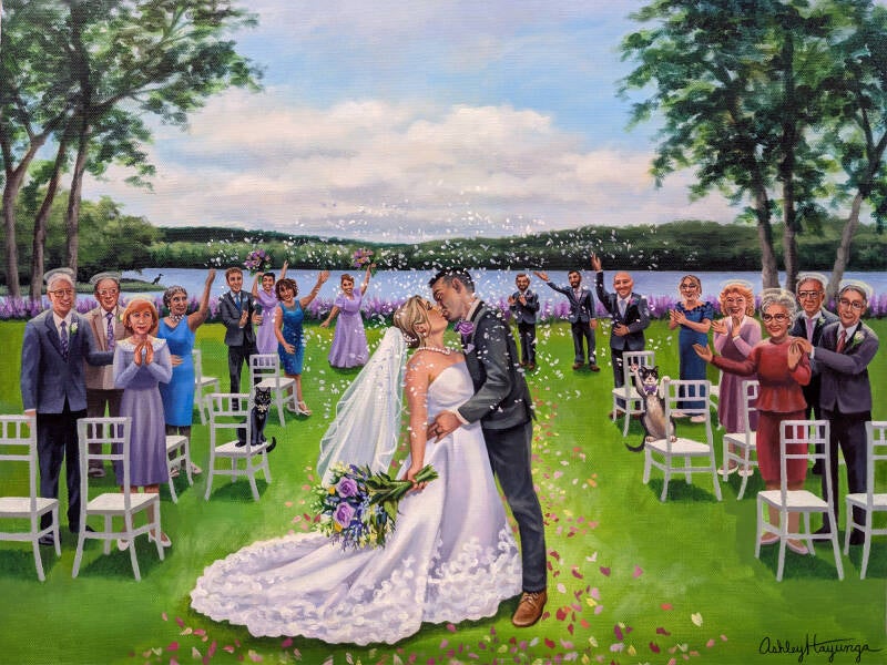 Live Wedding Painting Maine ME ceremony walk down the aisle outdoor lakeside dip kiss veil bouquet family celebration memorial pets married first kiss painter new england northeast north east 18x24.jpg