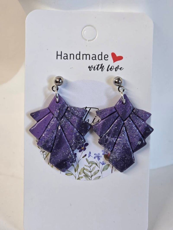 Polymeerklei Oorbellen – Purple Art Deco Fan
