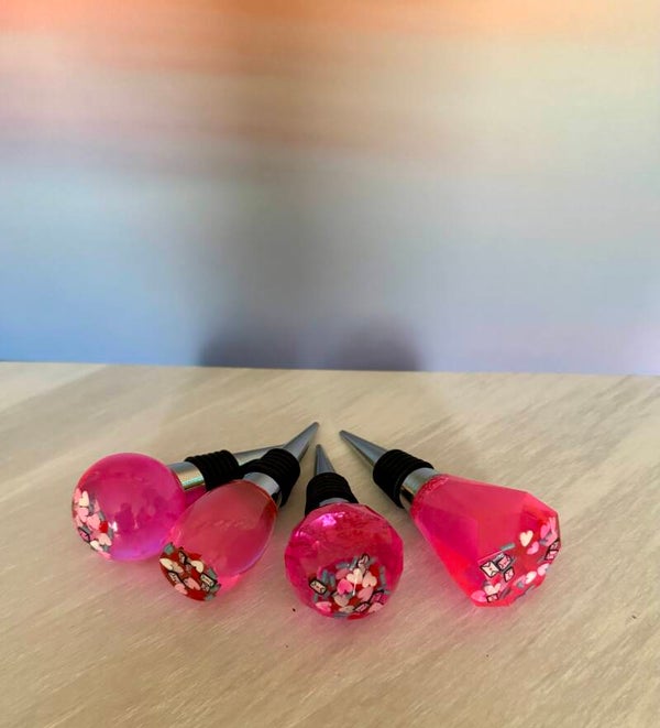 Pink Hearts and Letters Wine Bottle Toppers