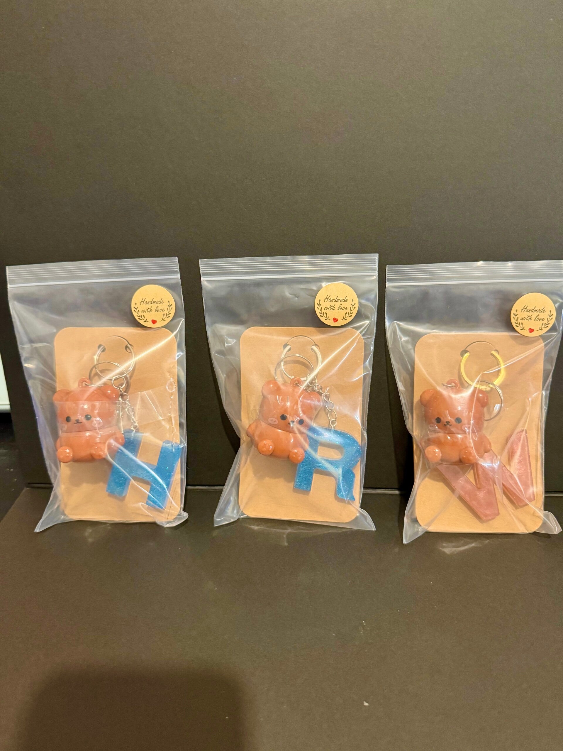 Resin Art key Chains with Teddy Bear Lip Balm (letters: H, R or W)