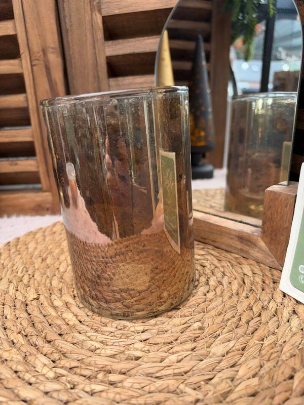 Windlicht bubbelglas rond smoke/parelmoer