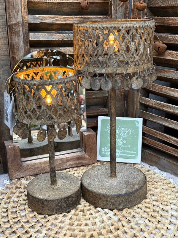 Tafellamp roestige schijfjes/ muntjeslamp op batterij 2 formaten