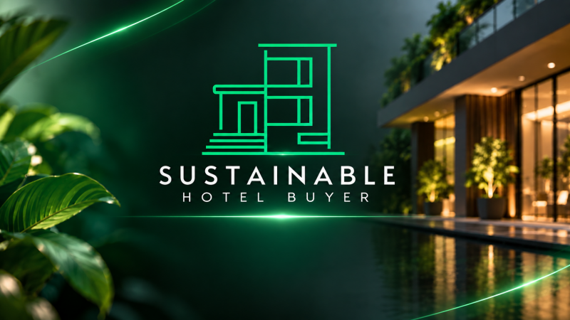 Green neon logo reading “SUSTAINABLE HOTEL BUYER” over a modern hotel exterior with a lit walkway, glass windows, palm plants, and a reflective pool at night.