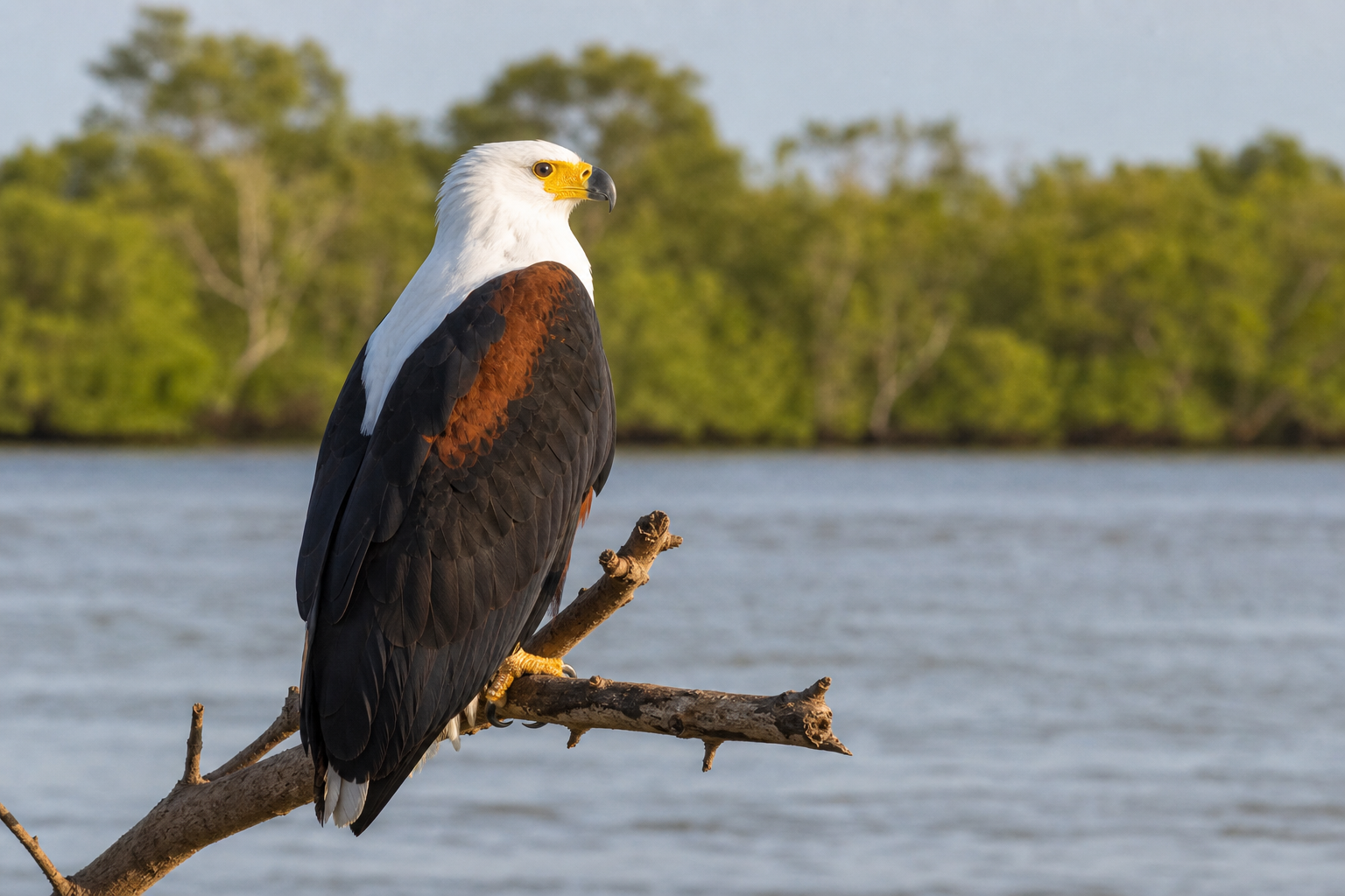 African Fish Eagle perched beside the River Gambia