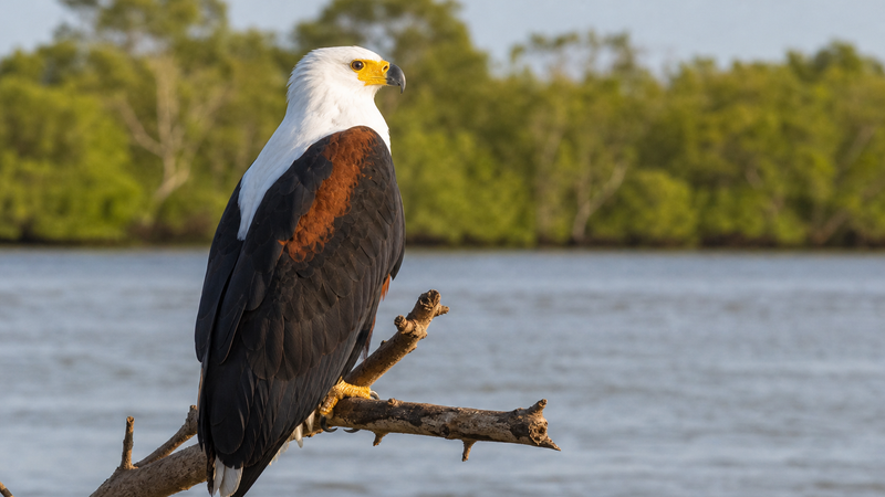 African Fish Eagle perched beside the River Gambia