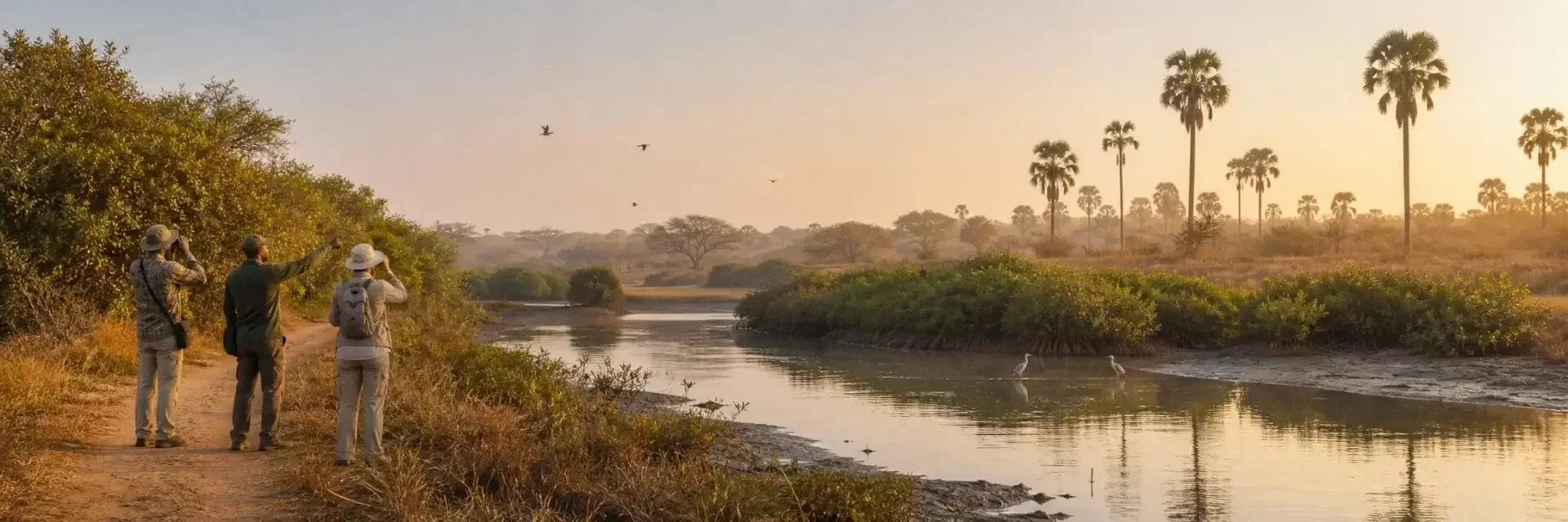 Three birdwatchers using binoculars to view wildlife across a river at sunrise in The Gambia, with a white egret wading in the foreground.