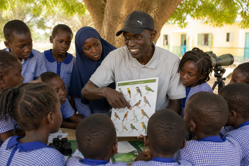 Lamin taking a school birdwatching lesson