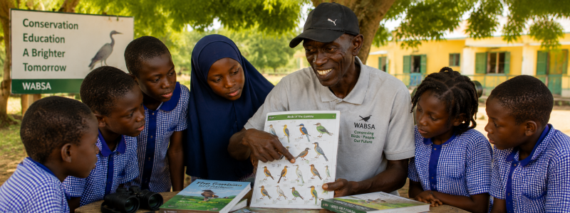 Lamin teaching a group of schhol children about birds and conservation