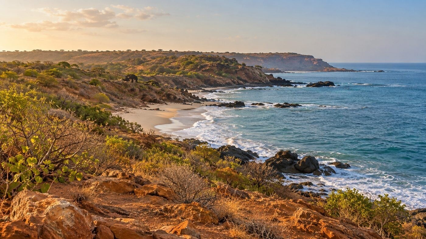 AI-generated illustration of Popenguine coastal scrub, rocky slopes and Atlantic shore