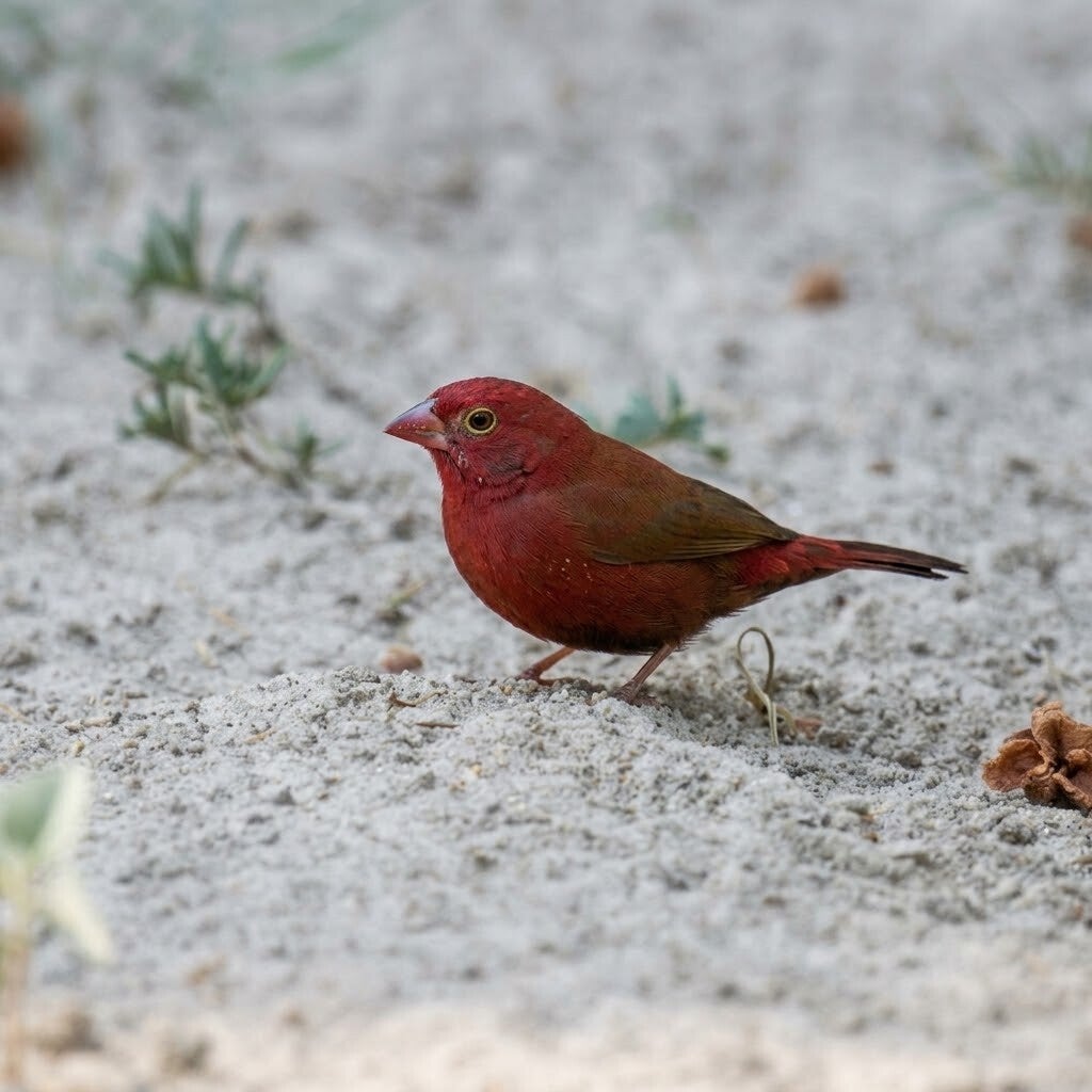 Red-billed Firefinch standing on sandy ground