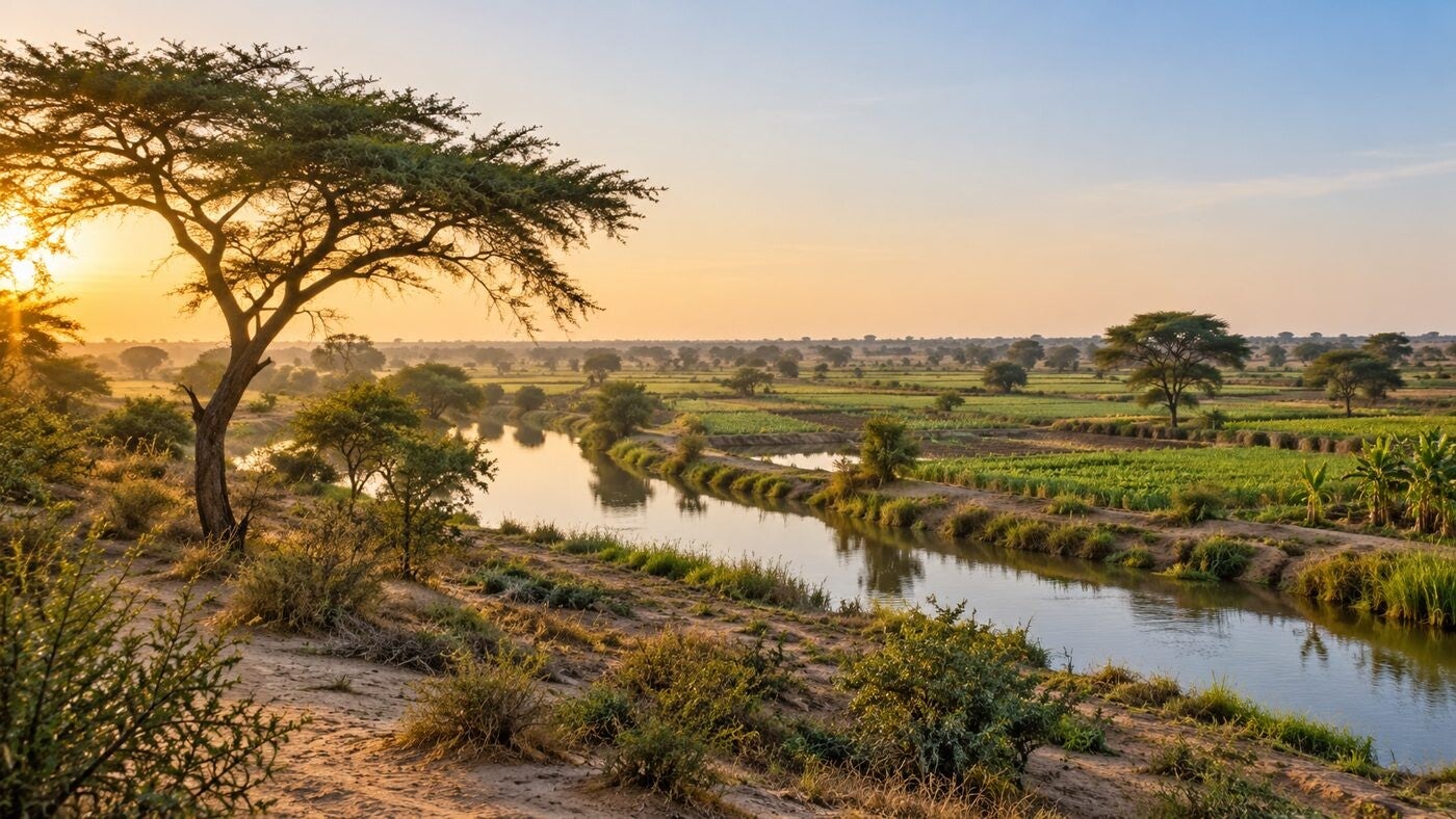 AI-generated illustration of Richard Toll acacia scrub, irrigation channels and river-valley fields