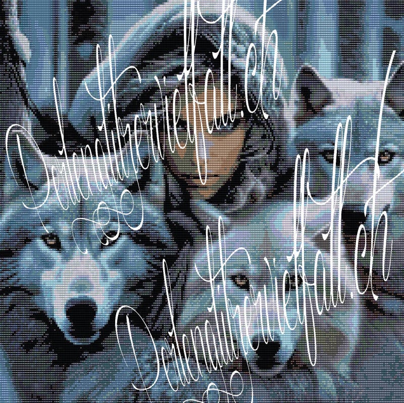 Kunstvolles Bild einer Frau, die von drei majestätischen Wölfen umgeben ist, in harmonischer Komposition.