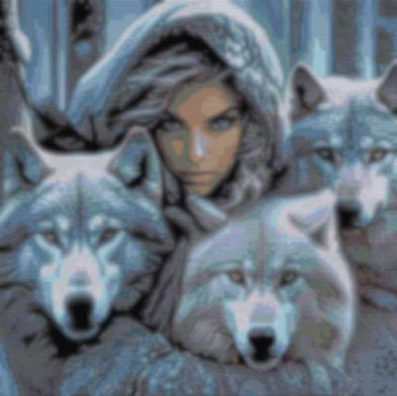 Kunstvolles Bild einer Frau, die von drei majestätischen Wölfen umgeben ist, in harmonischer Komposition.