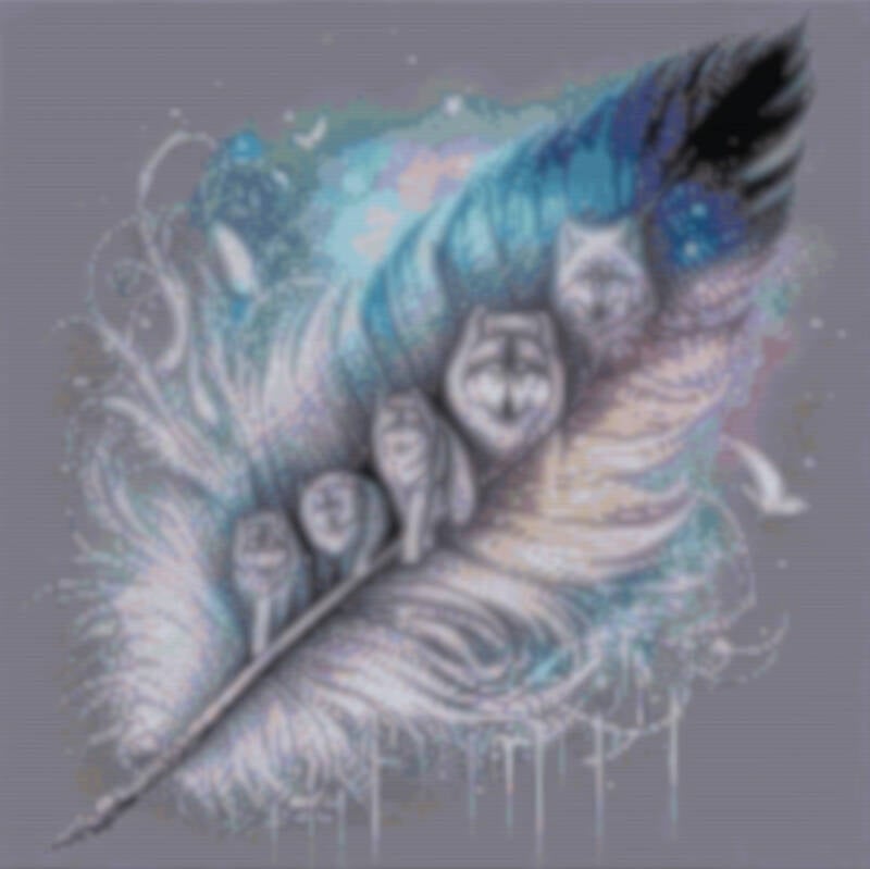 Ein Muster mit einer eleganten Feder und drei majestätischen Wölfen in harmonischen Farben.