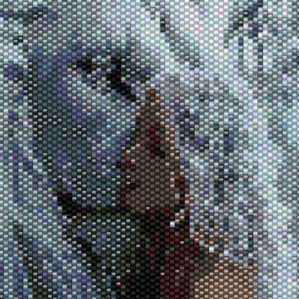 Detailliertes Kreuzstichmuster einer Frau in einem weißen Kleid, das zeitlose Eleganz und kunstvolle Handwerkskunst zeigt.