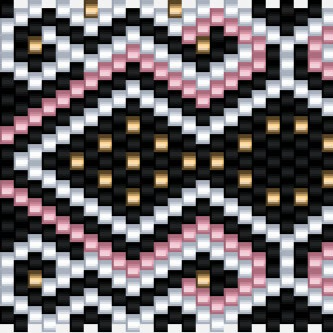 Elegantes Häkelmuster in Schwarz, Pink und Weiß, das traditionelle Ethno-Elemente stilvoll vereint.