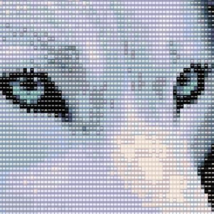 Weisser-Wolf-Kopf-an-Kopf-mit Frau-Oberkörper-und-Kopf-zu-sehen-Frau-mit-langen-Haaren-in-weiss-warm-gekleidet-beide-sehen-dich-an.