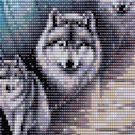 Ein Muster mit einer eleganten Feder und drei majestätischen Wölfen in harmonischen Farben.