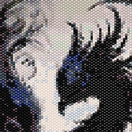 Kreuzstichmuster eines schwarzen Vogels mit großem Kopf, detailreich und kunstvoll gestaltet.