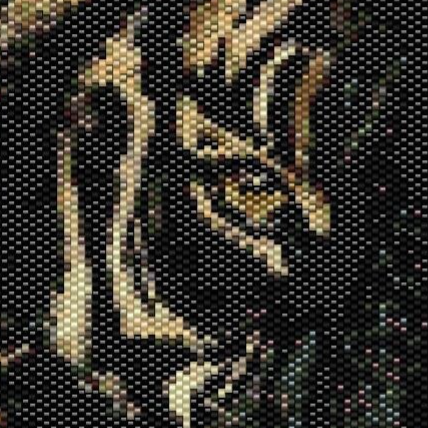  Detailreiches Kreuzstichmuster eines Tigerkopfes, das die kraftvolle Schönheit und Anmut des Raubtiers zeigt.