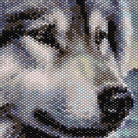 Muster eines Wolfes vor majestätischen Bergen im Hintergrund, kunstvoll und detailreich gestaltet.