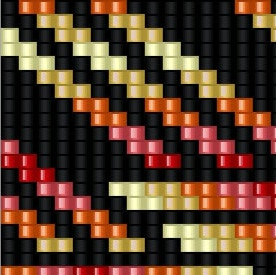 Muster aus roten, orangefarbenen und gelben Quadraten, die ein lebhaftes, geometrisches Design bilden.