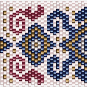 Elegantes Häkelmuster in Blau, Rot und Gelb, perfekt für kreative Häkelprojekte.