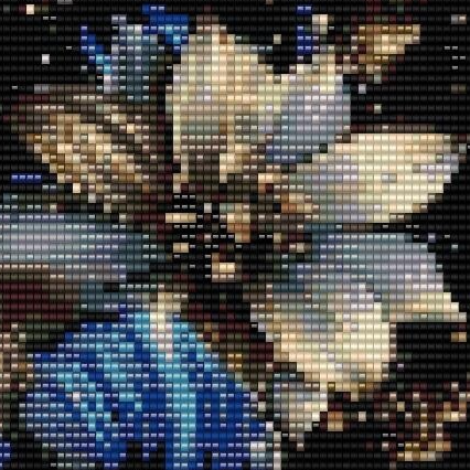 Detailreiches Muster mit blauen Blumen und Sternen, perfekt für Perlenweben.