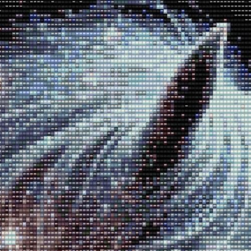 Kunstvolles Muster zeigt eine Frau und ein Einhorn, umgeben von lebhaften Perlen und floralen Elementen.