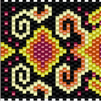 Stilvolles Häkelmuster mit lebhaften Farben und einem schwarzen Hintergrund, das  einen Hauch von Raffinesse verleiht.