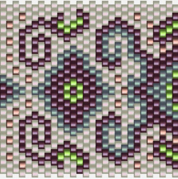 Wunderschönes Häkelmuster mit einem eleganten, gewobenen Design in satten Grüntönen, lila und blau.