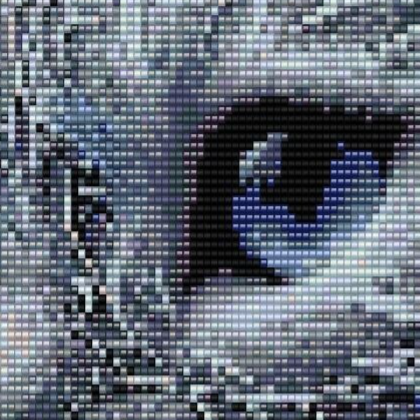 Eine Katze mit einem einzigartigen blauen und weißen Gesichtsmuster, das an Perlenweben erinnert.