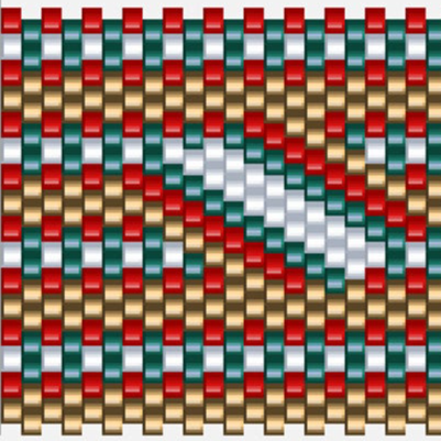  Raffiniertes Häkelmuster mit einem gewebten Design aus roten, grünen und goldigen Streifen.