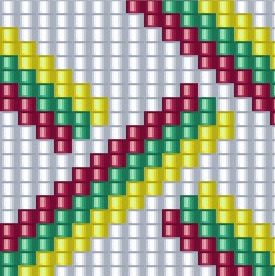 Muster aus Quadraten mit roten, grünen und gelben Streifen, ideal für das Weben von Armbändern.
