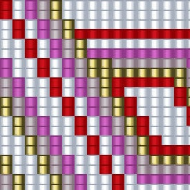 Geometrisches Muster mit roten, goldigen und lila Quadraten, geeignet für Armbandwebprojekte.