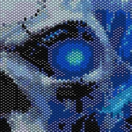 Ein Kreuzstichmuster eines Schädels mit leuchtend blauen Augen, kunstvoll und detailreich gestaltet.