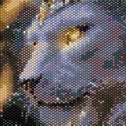 weisser-Löwenkopf-von-der-Seite-goldige-augen-schwarzer-Hintergrund-das-ganze-Bild-hat-goldige-Flammen-striche-und-punkte.