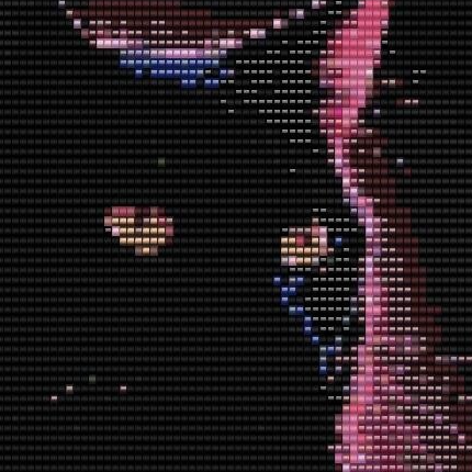  Kreuzstichdesign eines schwarzen Katers mit leuchtend pinken Augen.