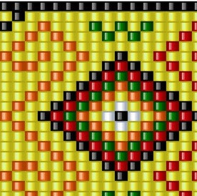 Ein kunstvolles Muster aus gelben, grünen und roten Perlen, das Eleganz und Handwerkskunst vereint.