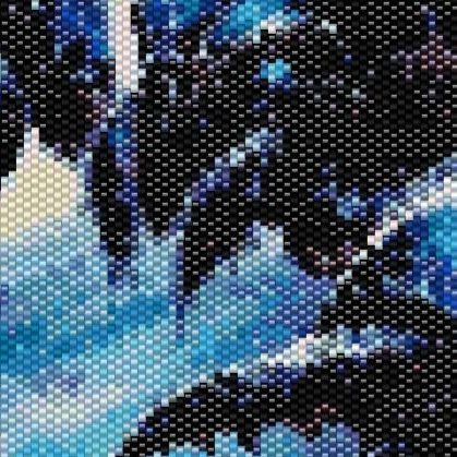 Ein Kreuzstichmuster zeigt einen Skorpion, der im Weltraum schwebt, in Peyote-Stich ausgeführt.