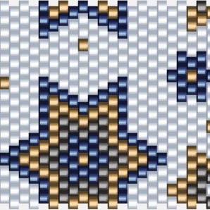 Ein elegantes Häkelmuster mit einem blauen und gelben Tribal-Design, das kunstvolle Details und lebendige Farben zeigt.