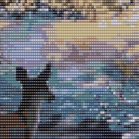  Ein Muster eines Rehs im Schnee mit einer Kirche im Hintergrund, das eine ruhige Winterlandschaft darstellt.