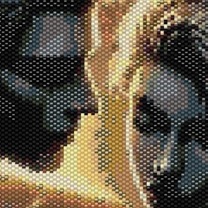  Feines Kreuzstichdesign eines Mannes und einer Frau, umgeben von Rosen, in exquisiter Peyote-Stich-Technik.